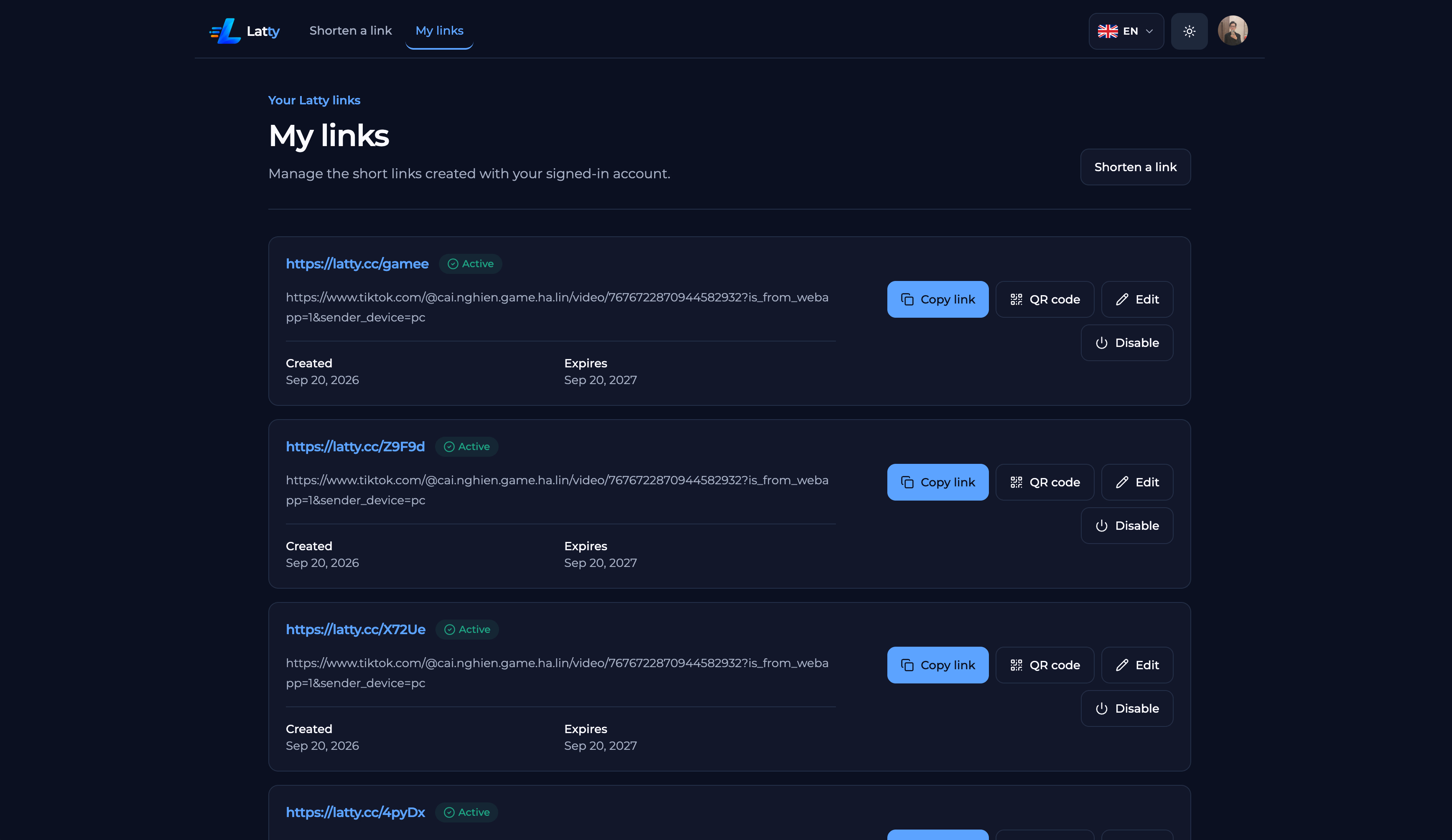 Latty My Links dashboard